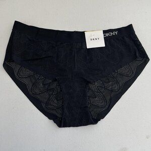 NEW DKNY Panties Womens Medium Black Lace Hipster Sheer Logo Waistband Underwear